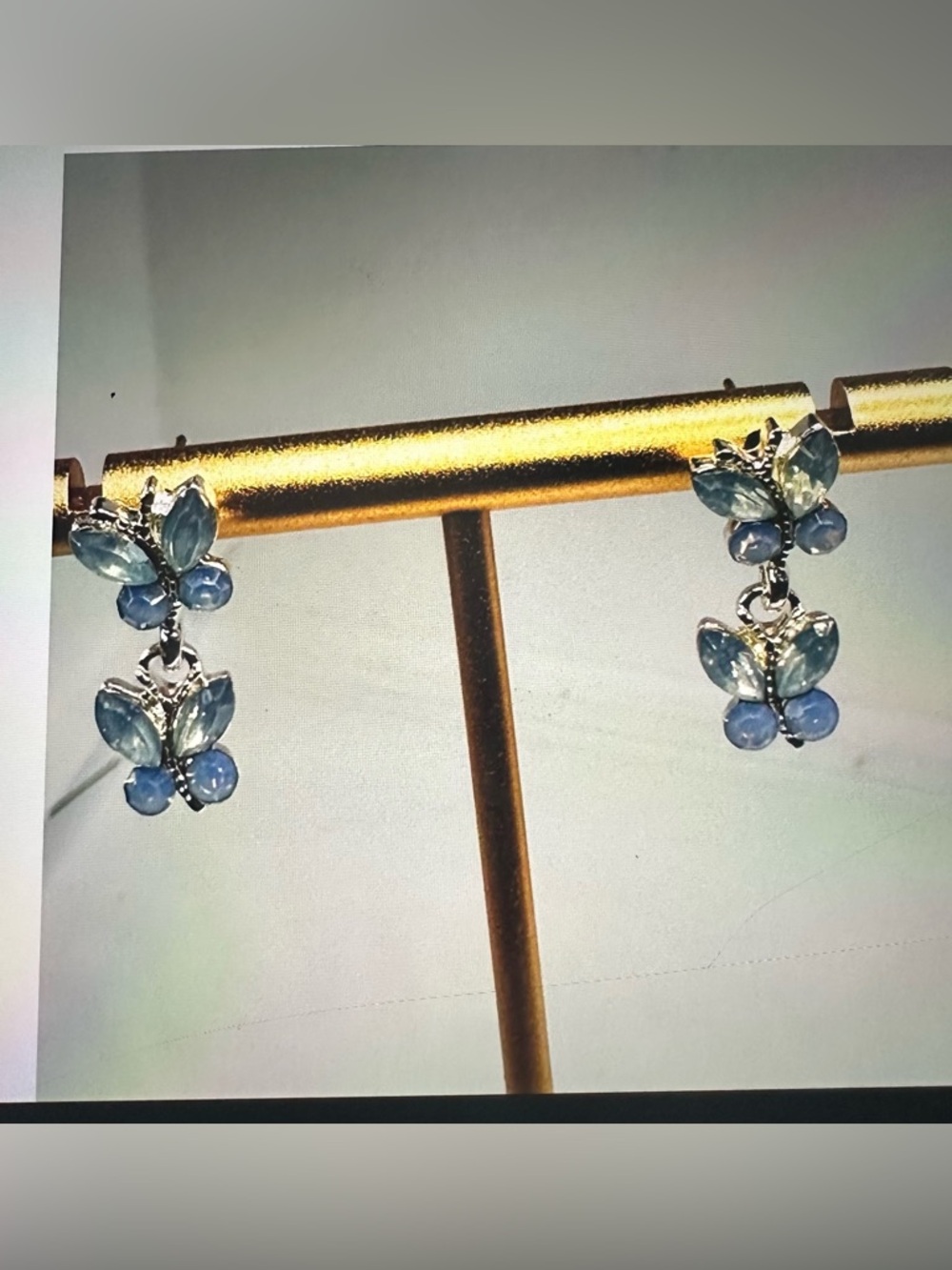 Blue Butterfly Dangle Earrings Silver Tone Double Butterfly Statement - Picture 11 of 11